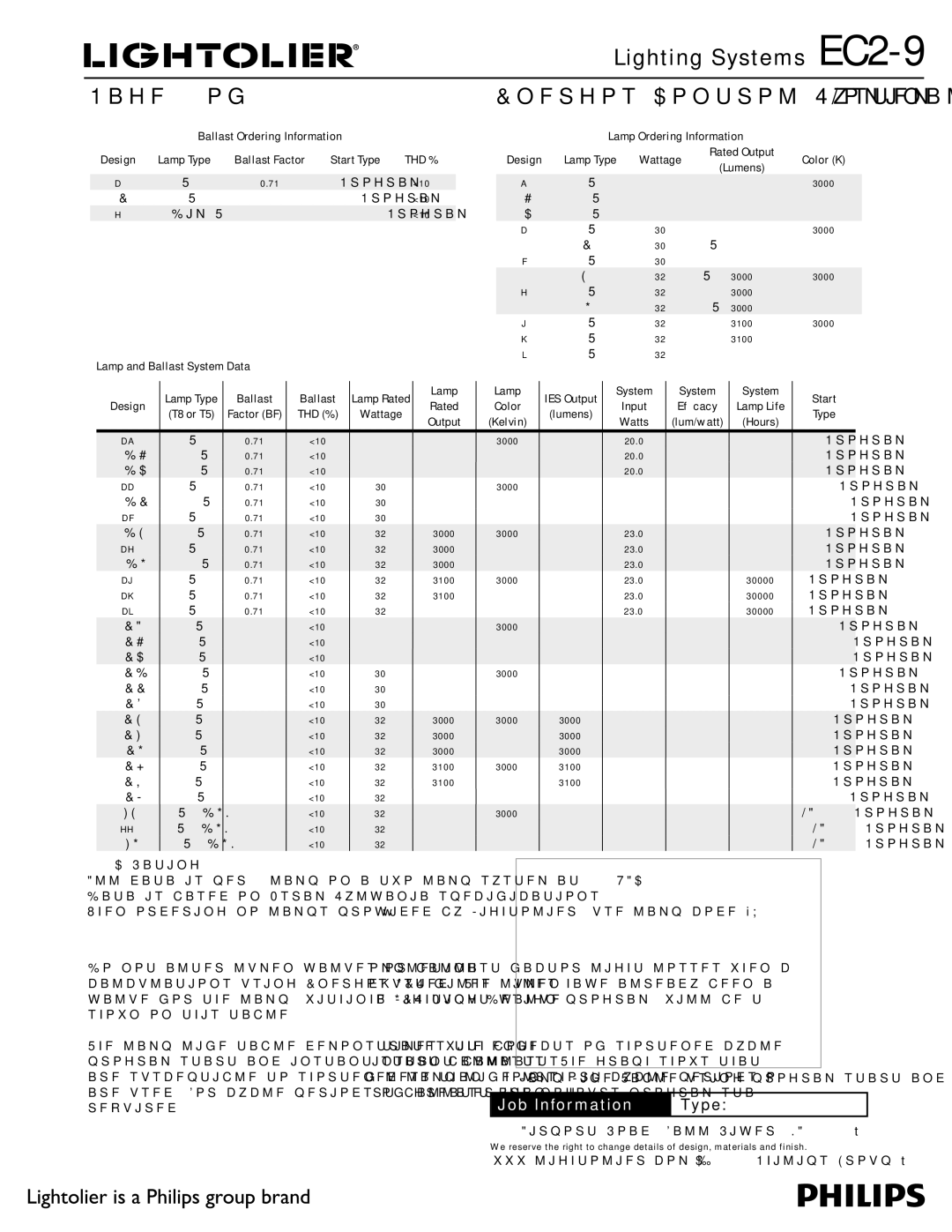 Philips EC2-9 specifications Lamp Ordering Information, Wattage, Sfrvjsfe 