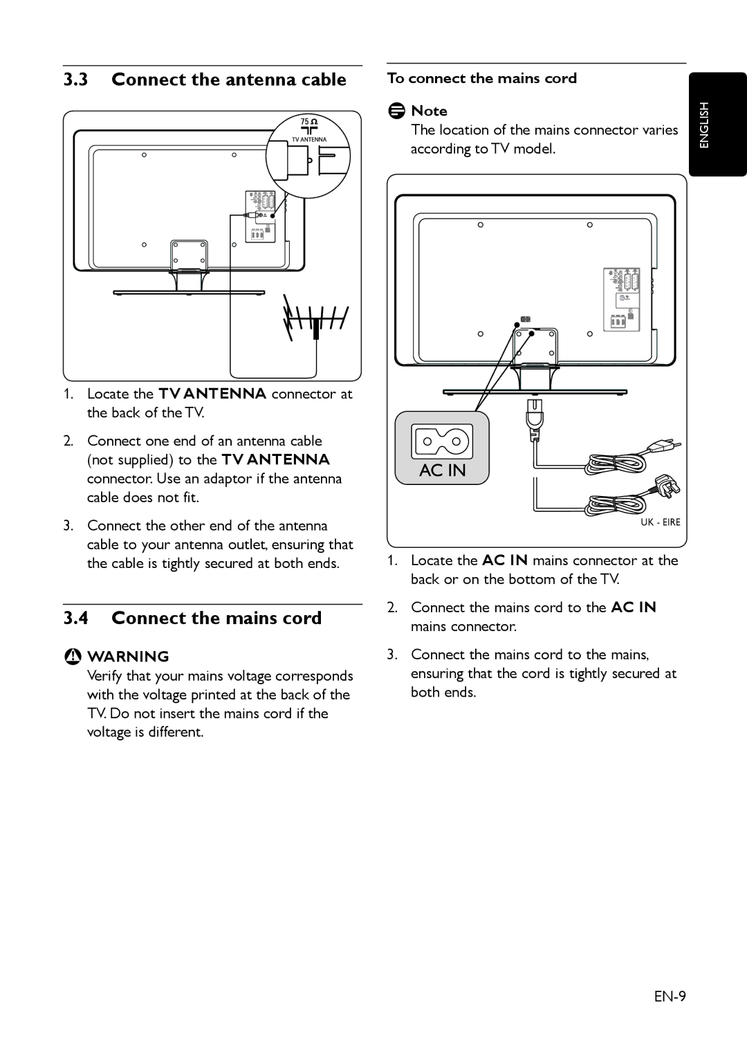 Philips EIP-4500 user manual Connect the antenna cable, Connect the mains cord, To connect the mains cord DDNote 