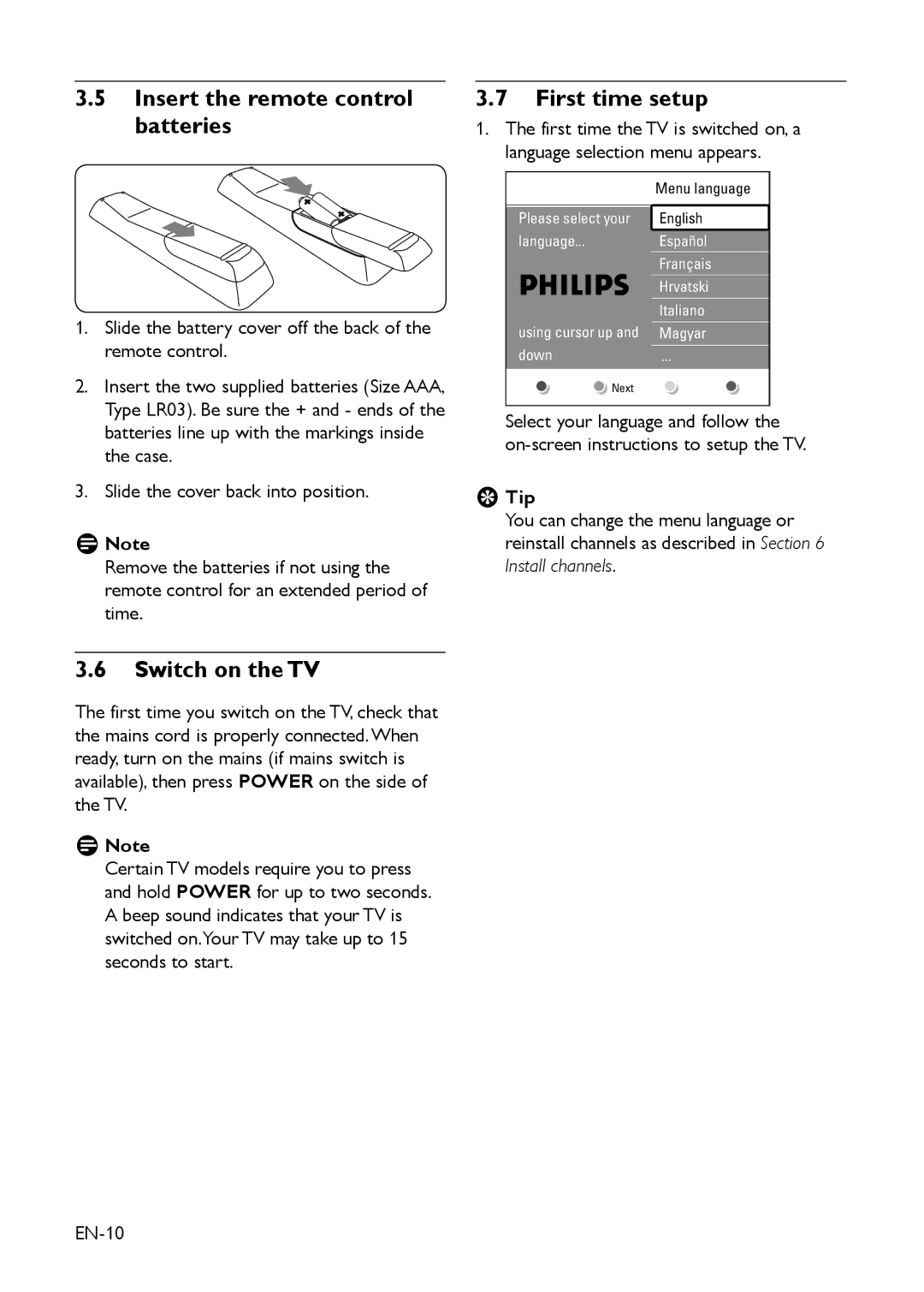 Philips EIP-4500 user manual Insert the remote control batteries, Switch on the TV, First time setup, EETip 