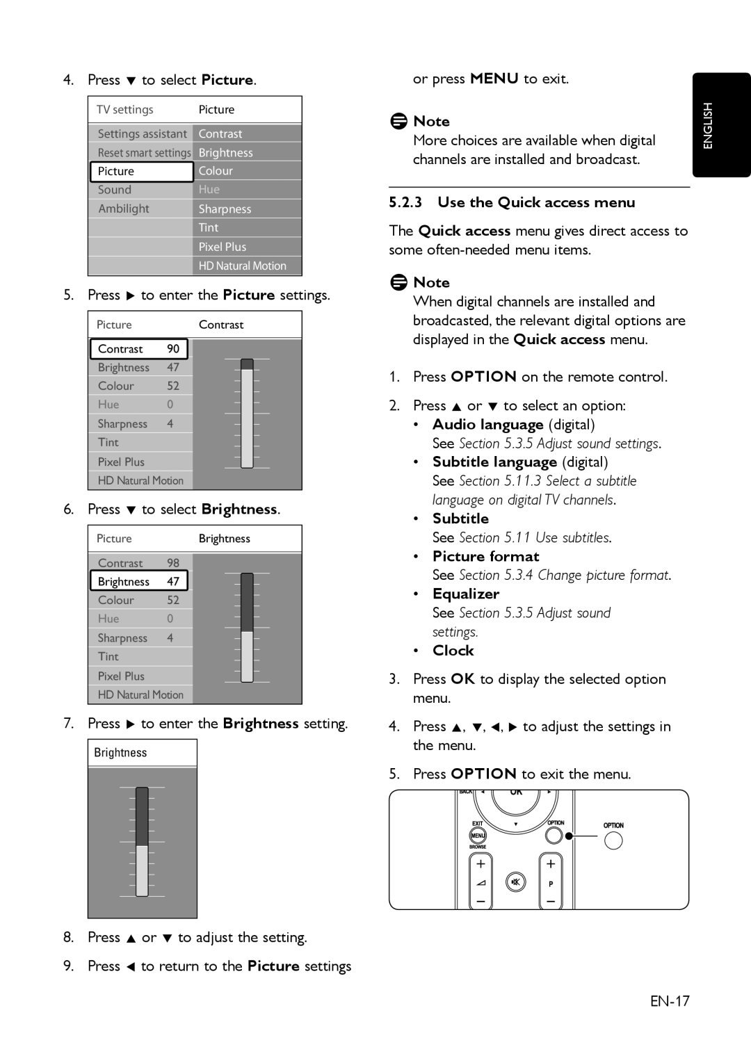 Philips EIP-4500 user manual Use the Quick access menu, Audio language digital, Subtitle, Picture format, Equalizer, Clock 