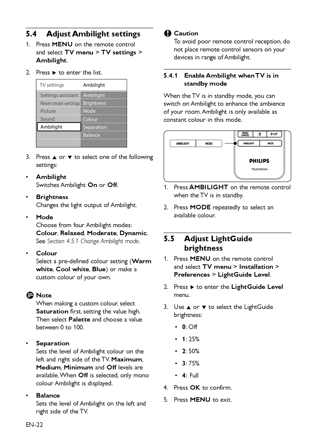 Philips EIP-4500 user manual Adjust Ambilight settings, Adjust LightGuide brightness 