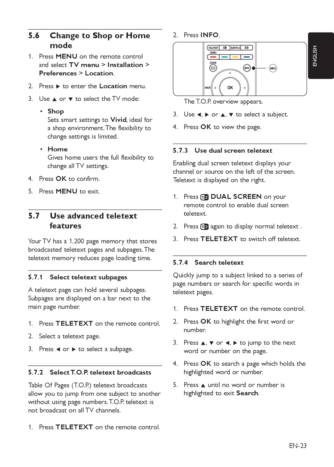 Philips EIP-4500 user manual Change to Shop or Home mode, Use advanced teletext features 