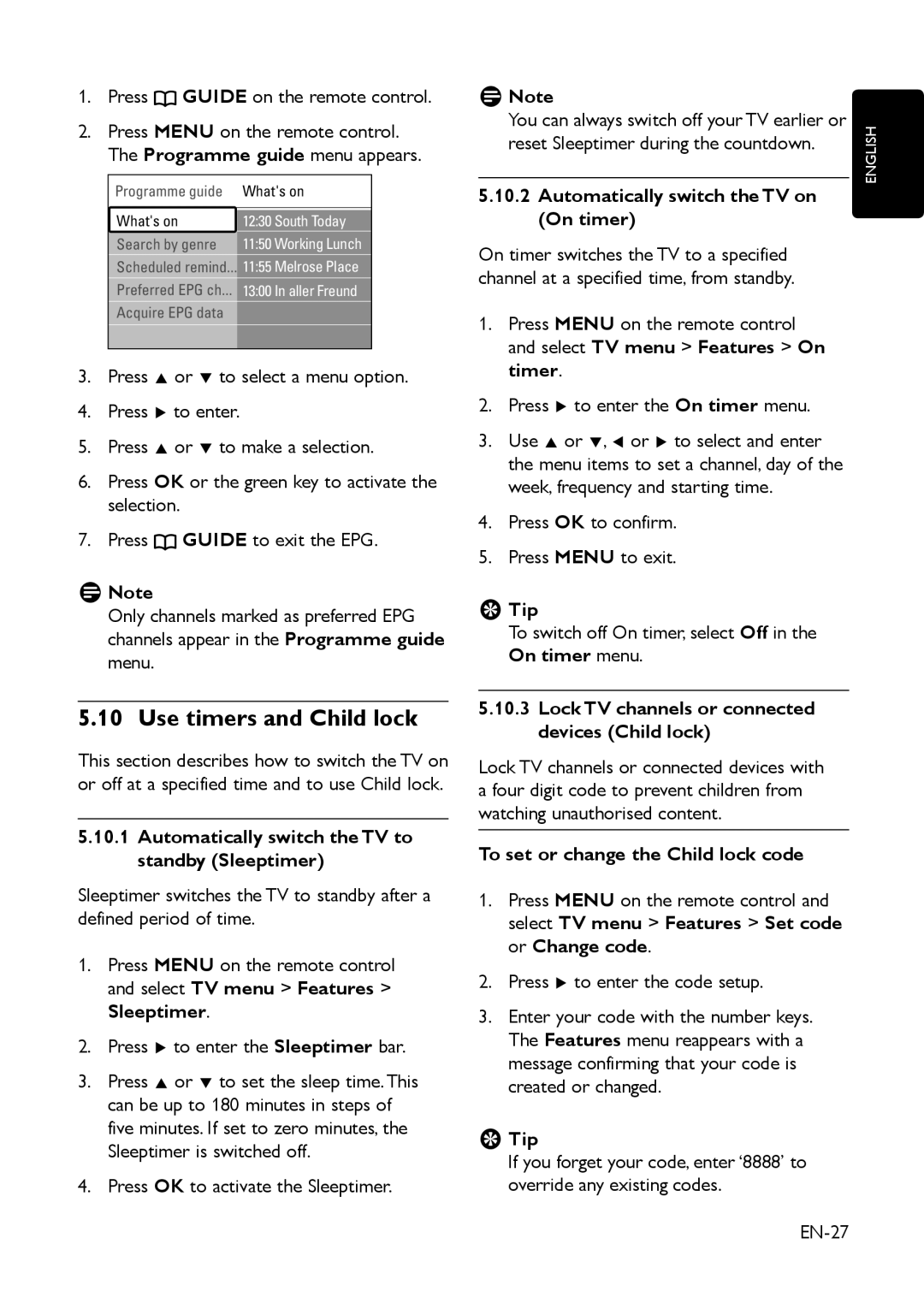 Philips EIP-4500 user manual Use timers and Child lock, Automatically switch the TV to standby Sleeptimer 