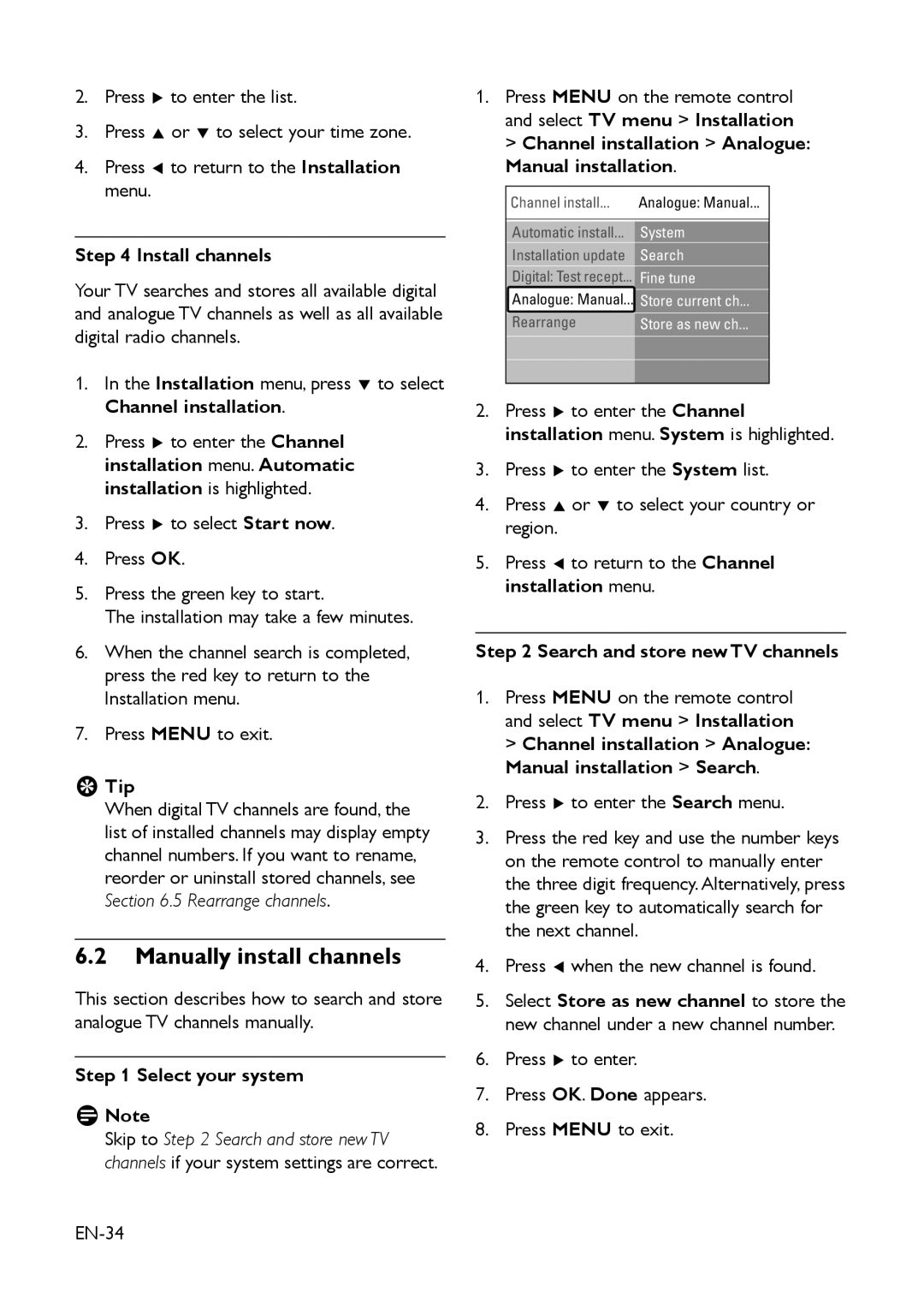 Philips EIP-4500 Manually install channels, Install channels, Select your system DDNote, Search and store new TV channels 