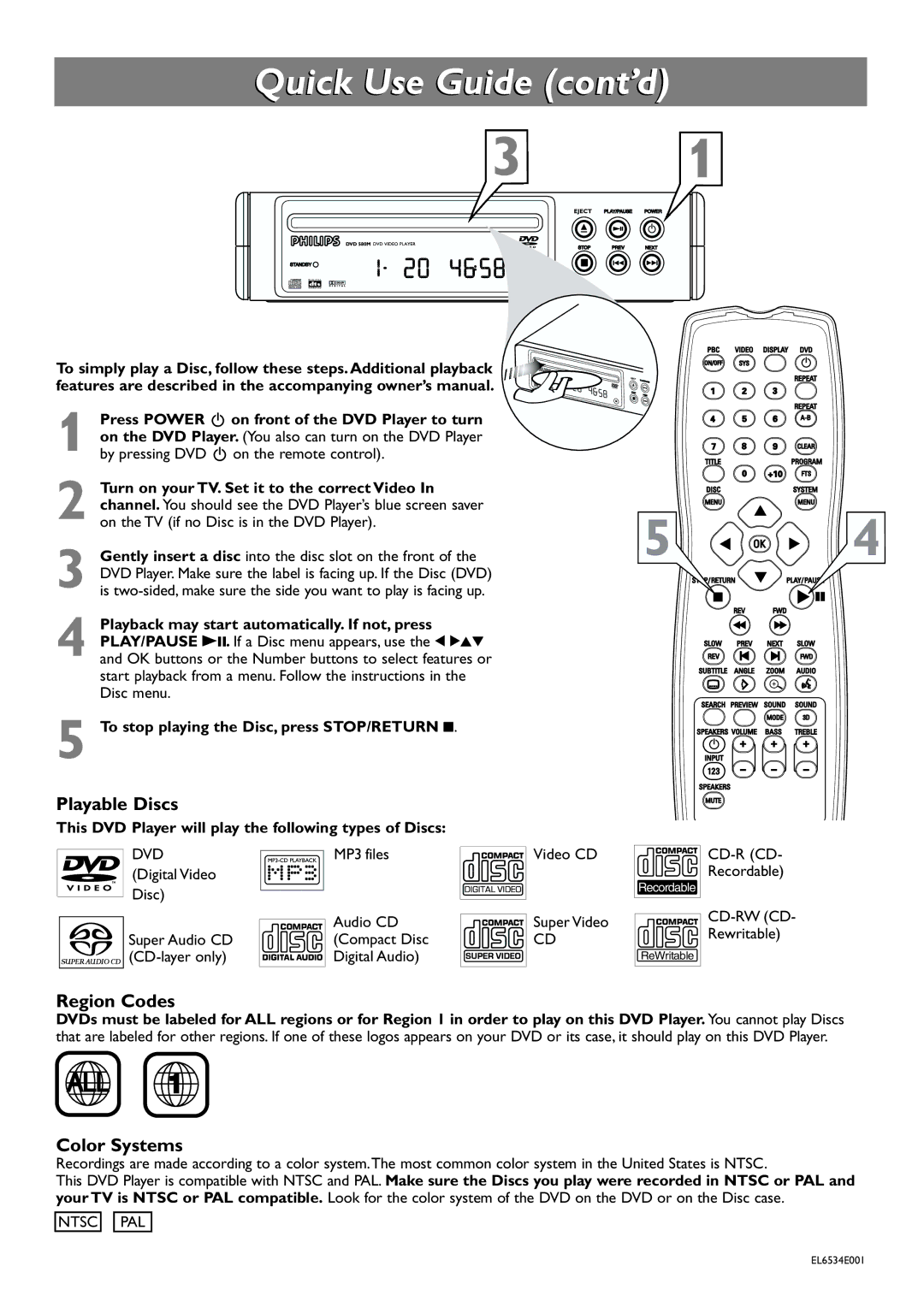 Philips EL6534E001 owner manual Playable Discs, Region Codes, Color Systems 