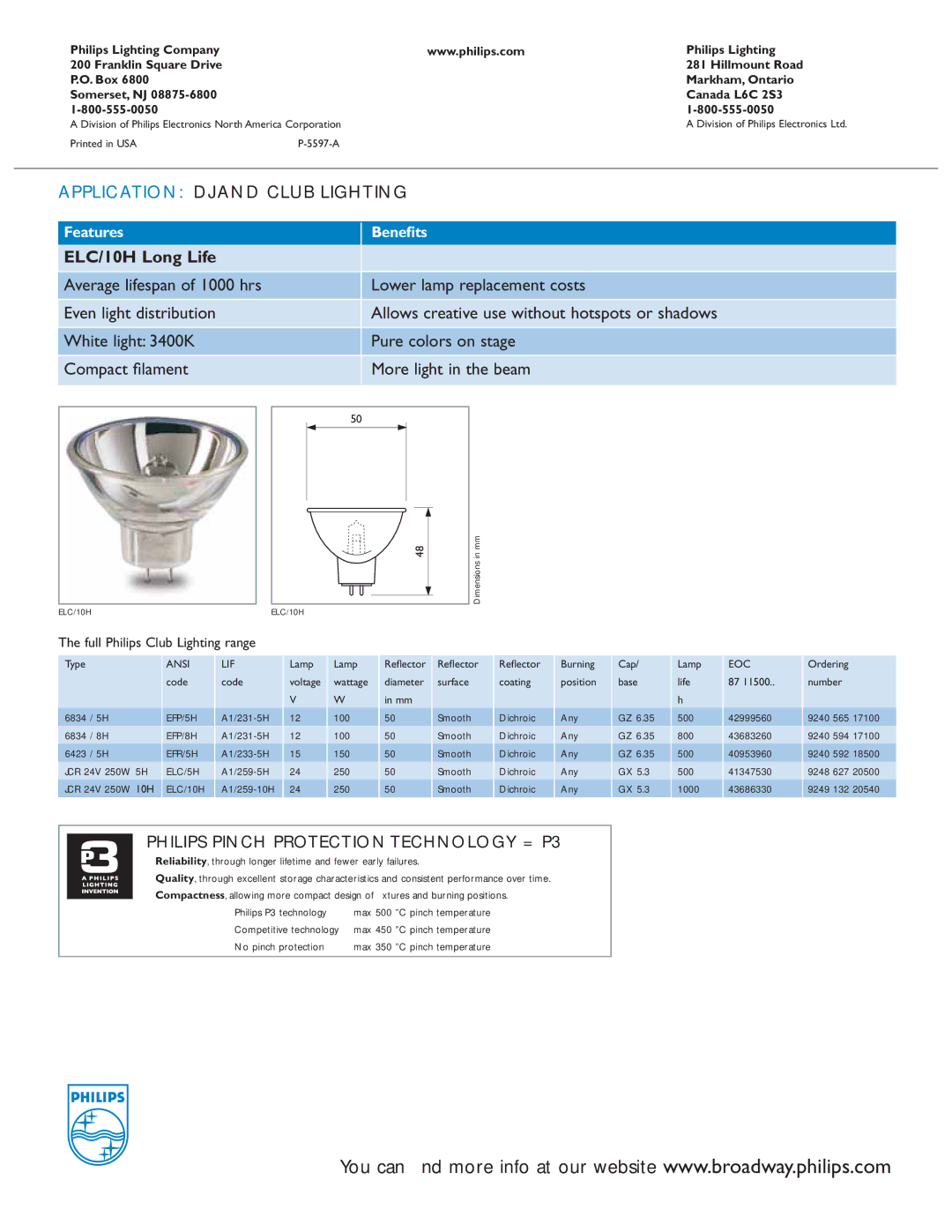 Philips manual Application DJ and Club Lighting, Philips Pinch Protection Technology = P3, ELC/10H Long Life 