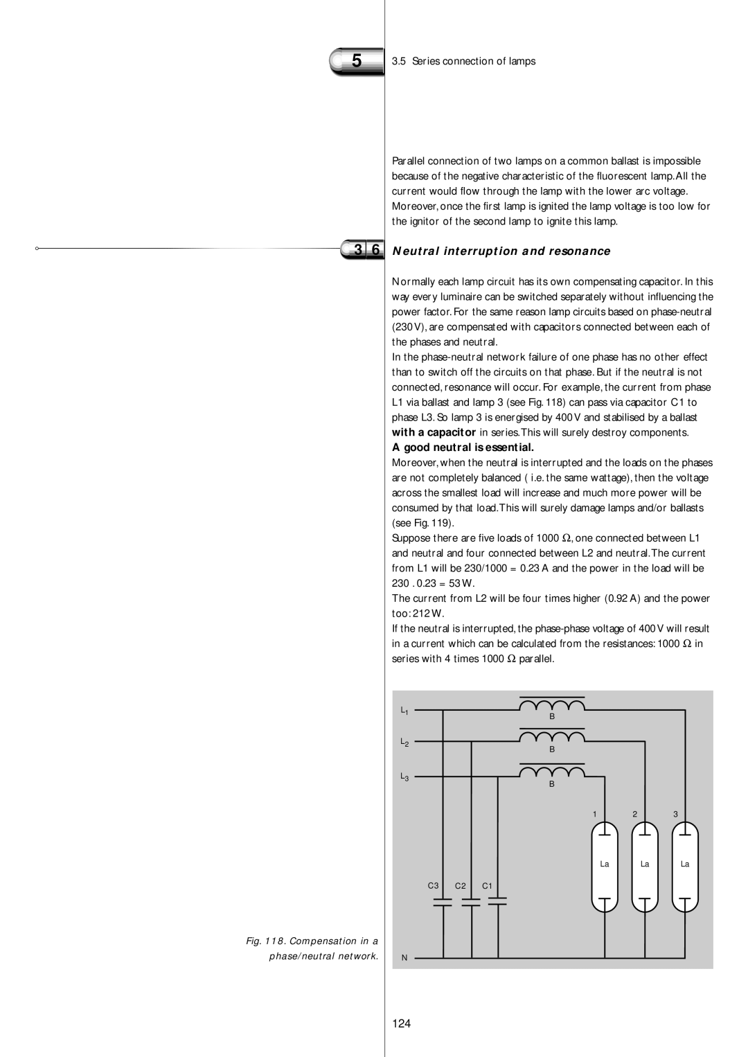 Philips Electromagnetic Lamp manual Neutral interruption and resonance, 124, Series connection of lamps 