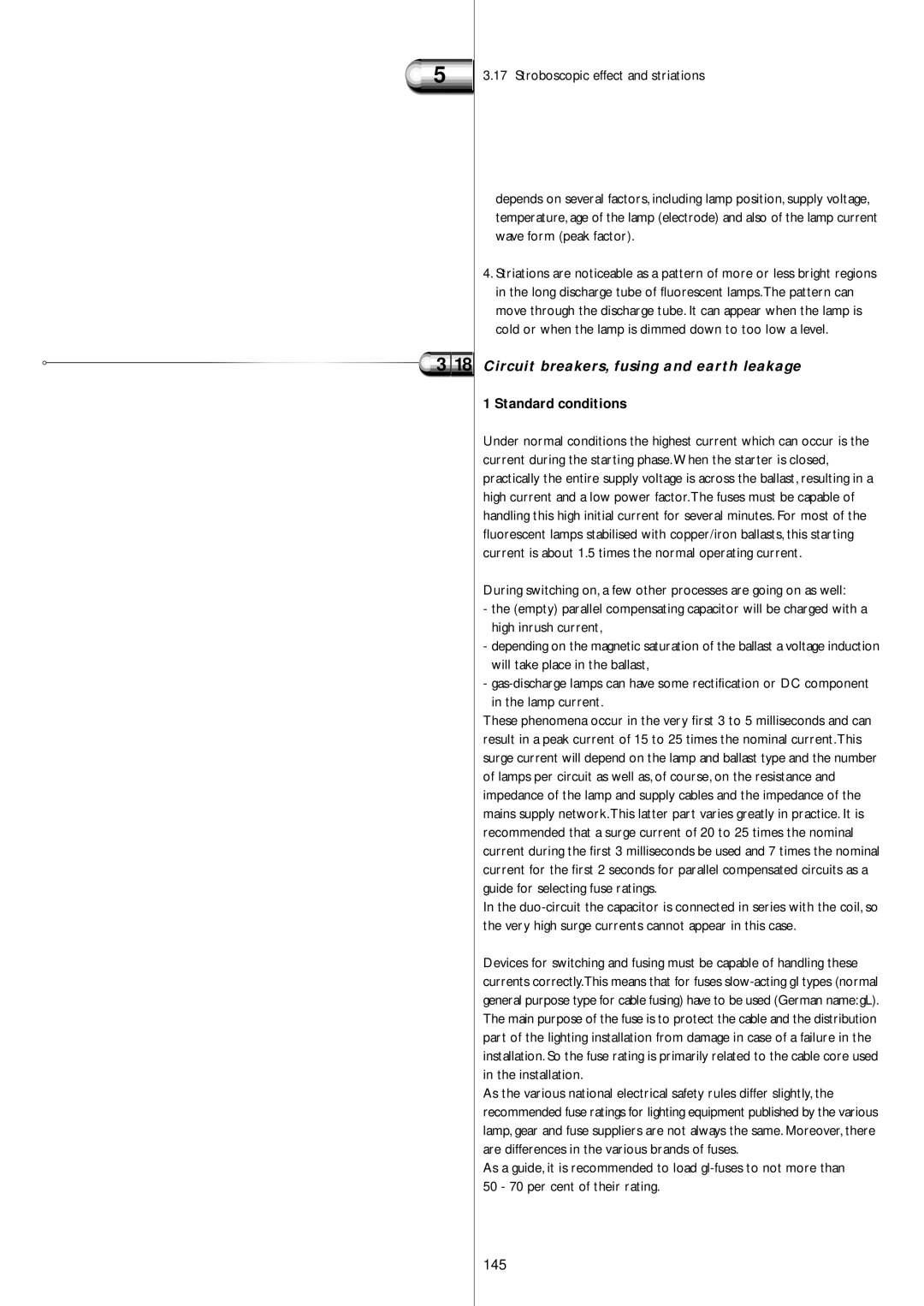 Philips Electromagnetic Lamp manual Circuit breakers, fusing and earth leakage, 145, Standard conditions 