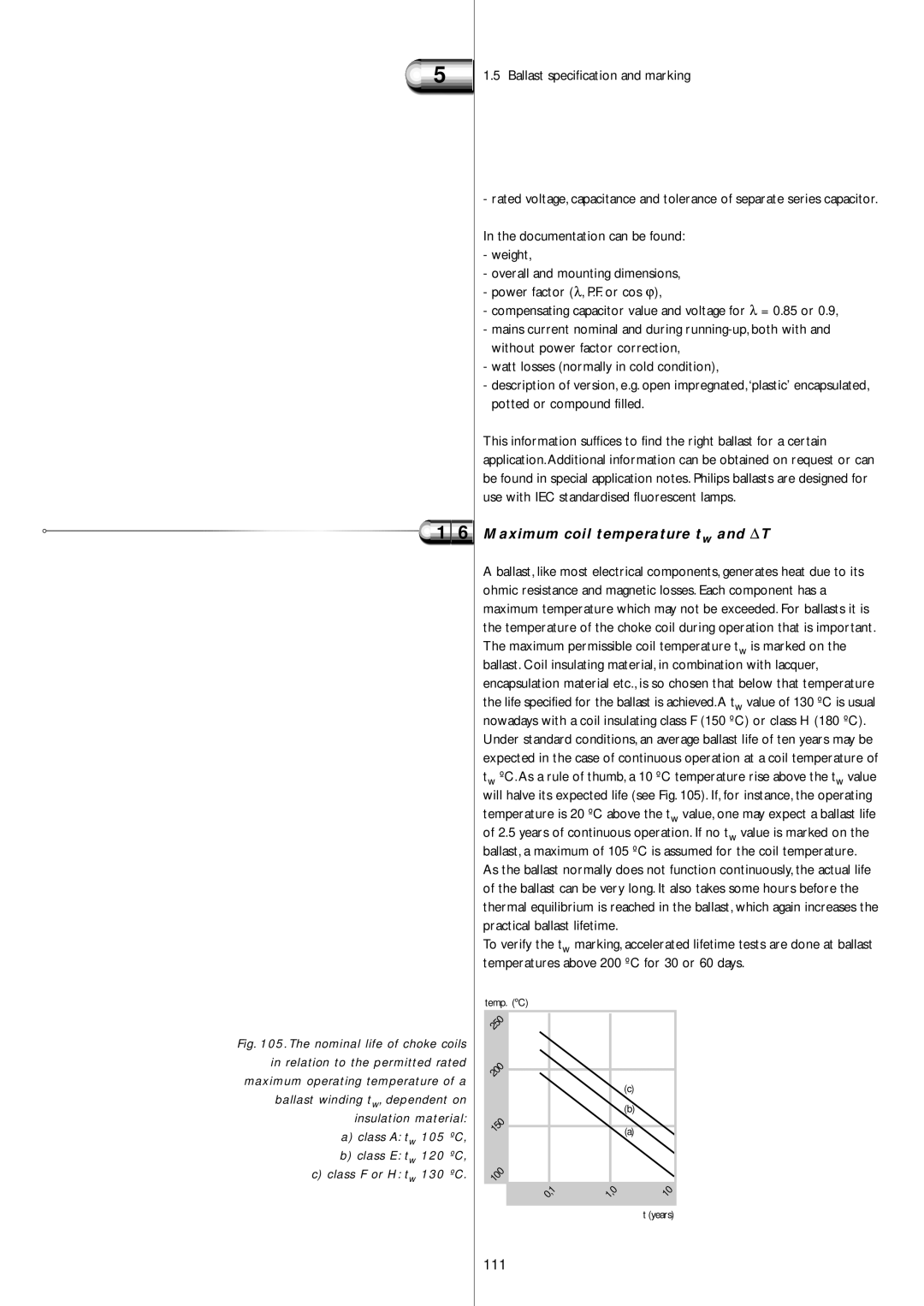 Philips Electromagnetic Lamp manual Maximum coil temperature tw and ΔT, 111, Ballast specification and marking 