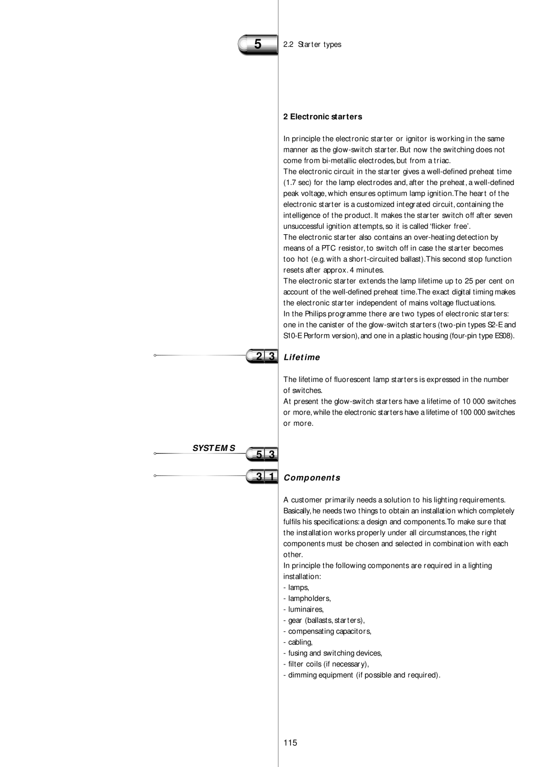 Philips Electromagnetic Lamp manual Lifetime, Components, 115, Electronic starters 