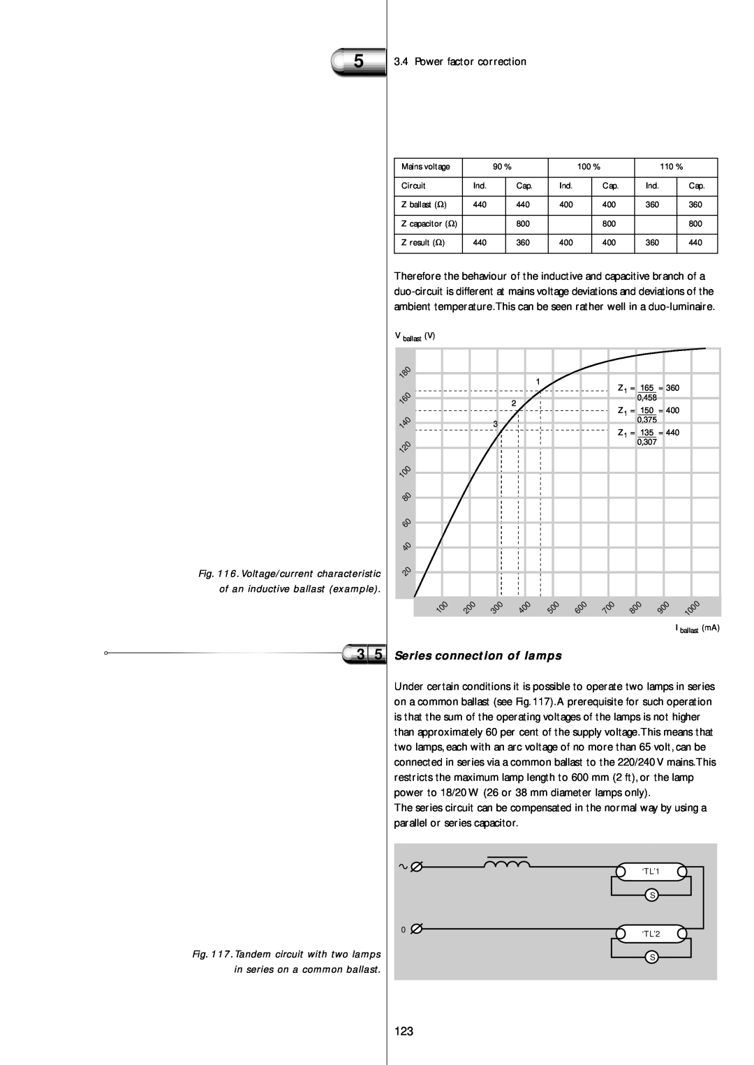 Philips Electromagnetic Lamp manual 3 5 Series connection of lamps, Power factor correction 
