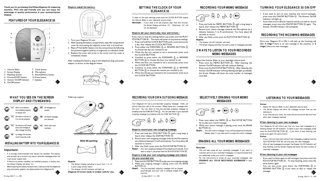 Philips Elegance 55 manual Features of Your Elegance, Setting the Clock of Your Elegance, Recording Your Memo Message 