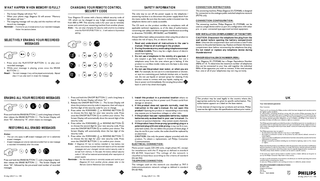 Philips Elegance 55 manual What Happen When Memory is FULL?, Selectively Erasing Your Recorded Messages, Safety Information 