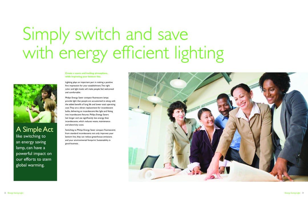 Philips Energy Saver Compact Fluorescent Lamp manual Simply switch and save with energy efﬁcient lighting 