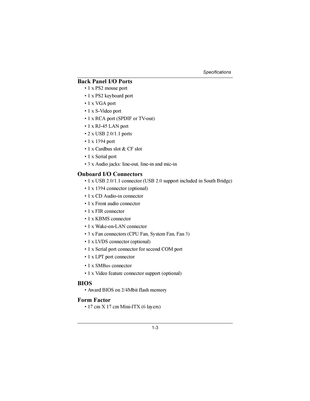 Philips EPIA-MII user manual Back Panel I/O Ports, Onboard I/O Connectors, Form Factor 