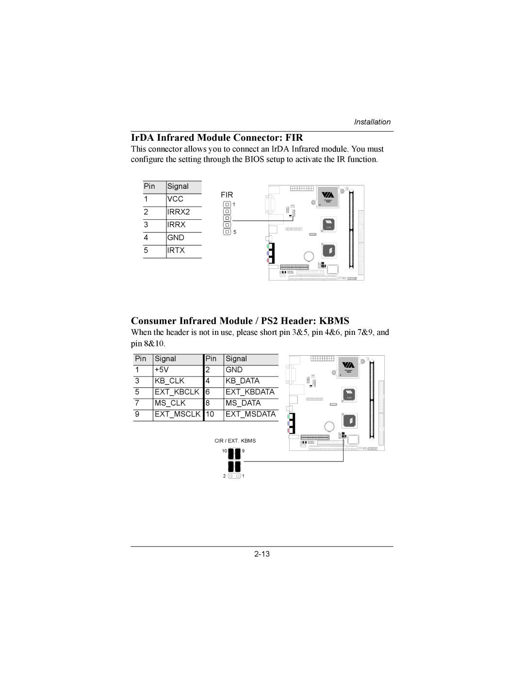 Philips EPIA-MII user manual IrDA Infrared Module Connector FIR, Consumer Infrared Module / PS2 Header Kbms 