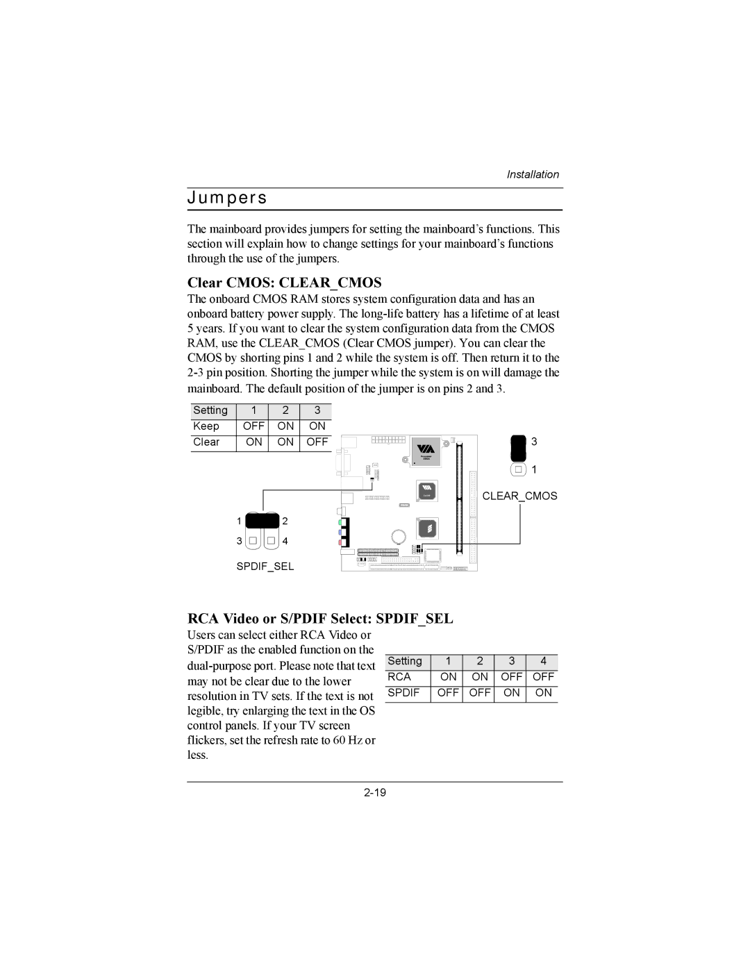 Philips EPIA-MII user manual Jumpers, Clear Cmos Clearcmos, RCA Video or S/PDIF Select Spdifsel 