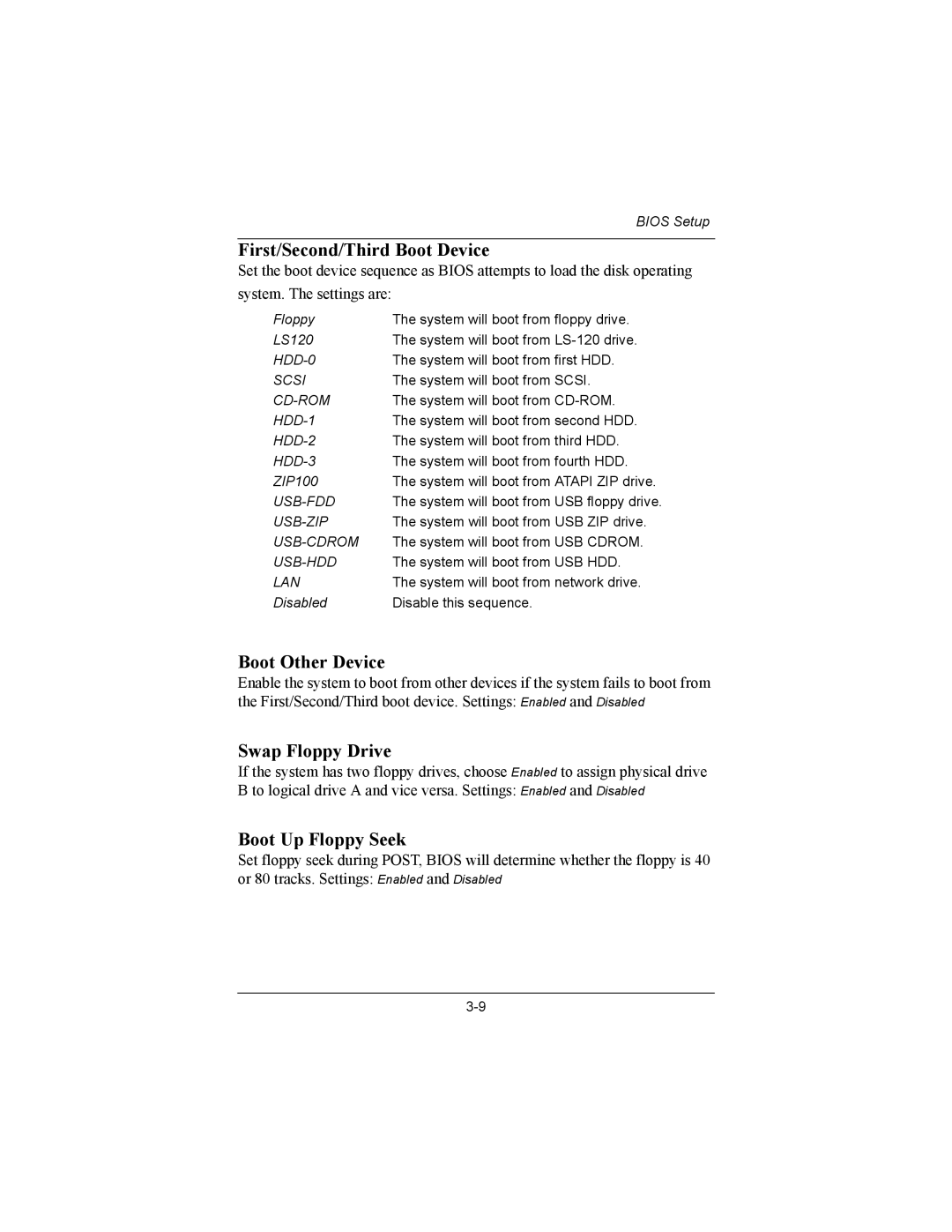 Philips EPIA-MII user manual First/Second/Third Boot Device, Boot Other Device, Swap Floppy Drive, Boot Up Floppy Seek 