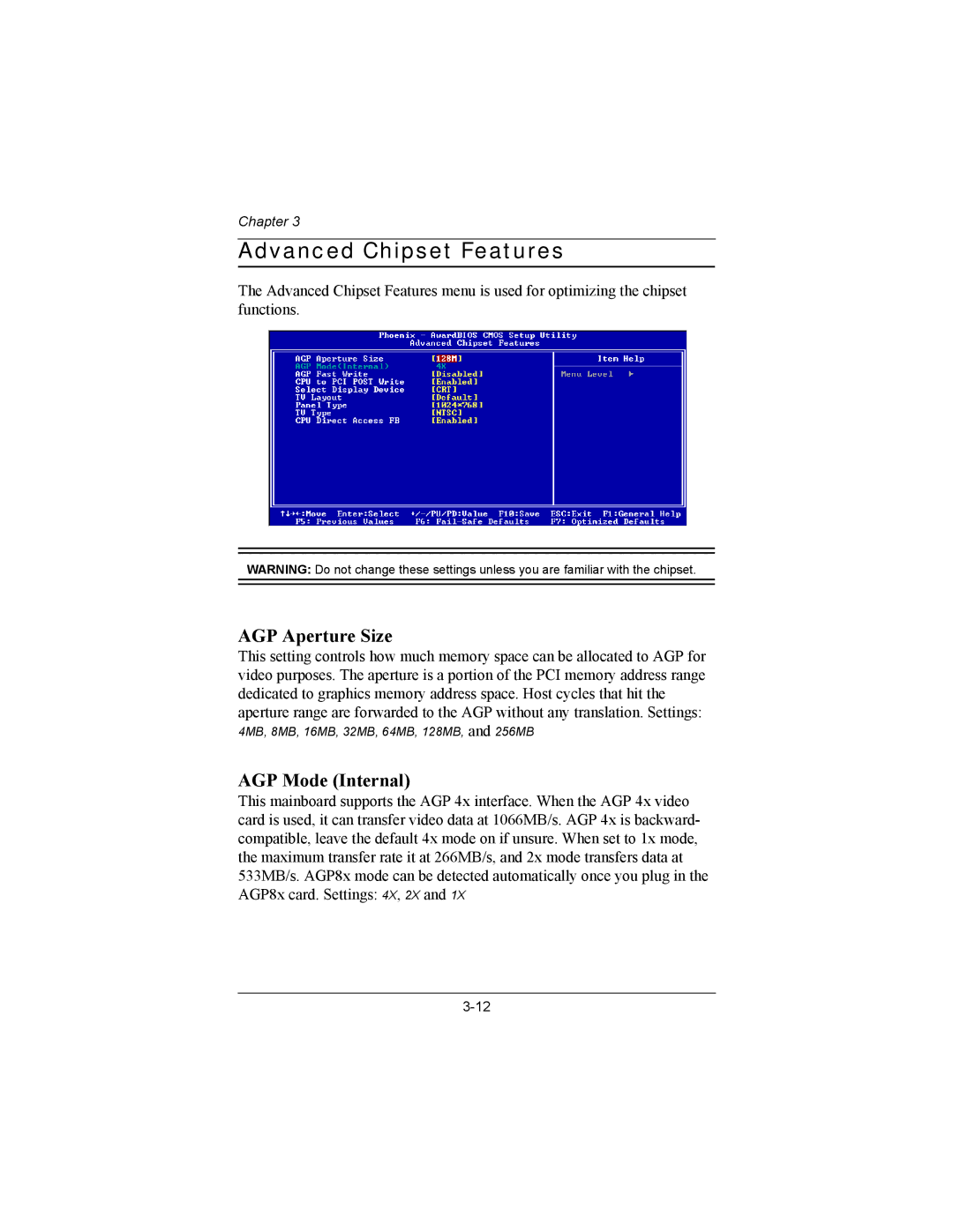 Philips EPIA-MII user manual Advanced Chipset Features, AGP Aperture Size, AGP Mode Internal 