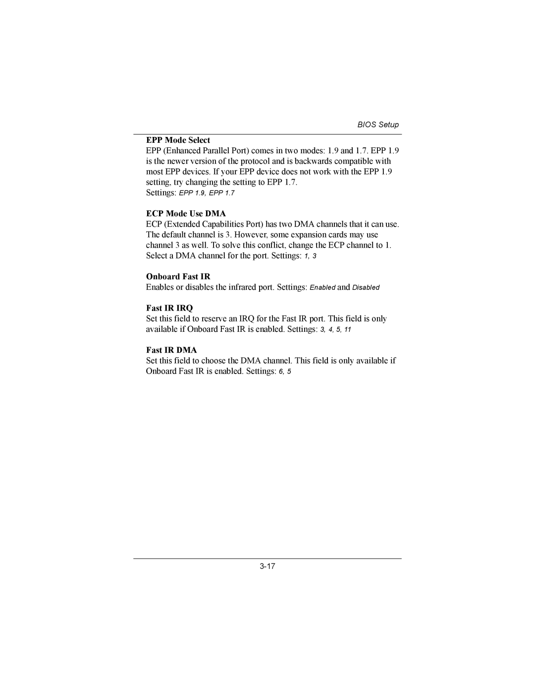 Philips EPIA-MII user manual EPP Mode Select, ECP Mode Use DMA, Onboard Fast IR, Fast IR IRQ, Fast IR DMA 