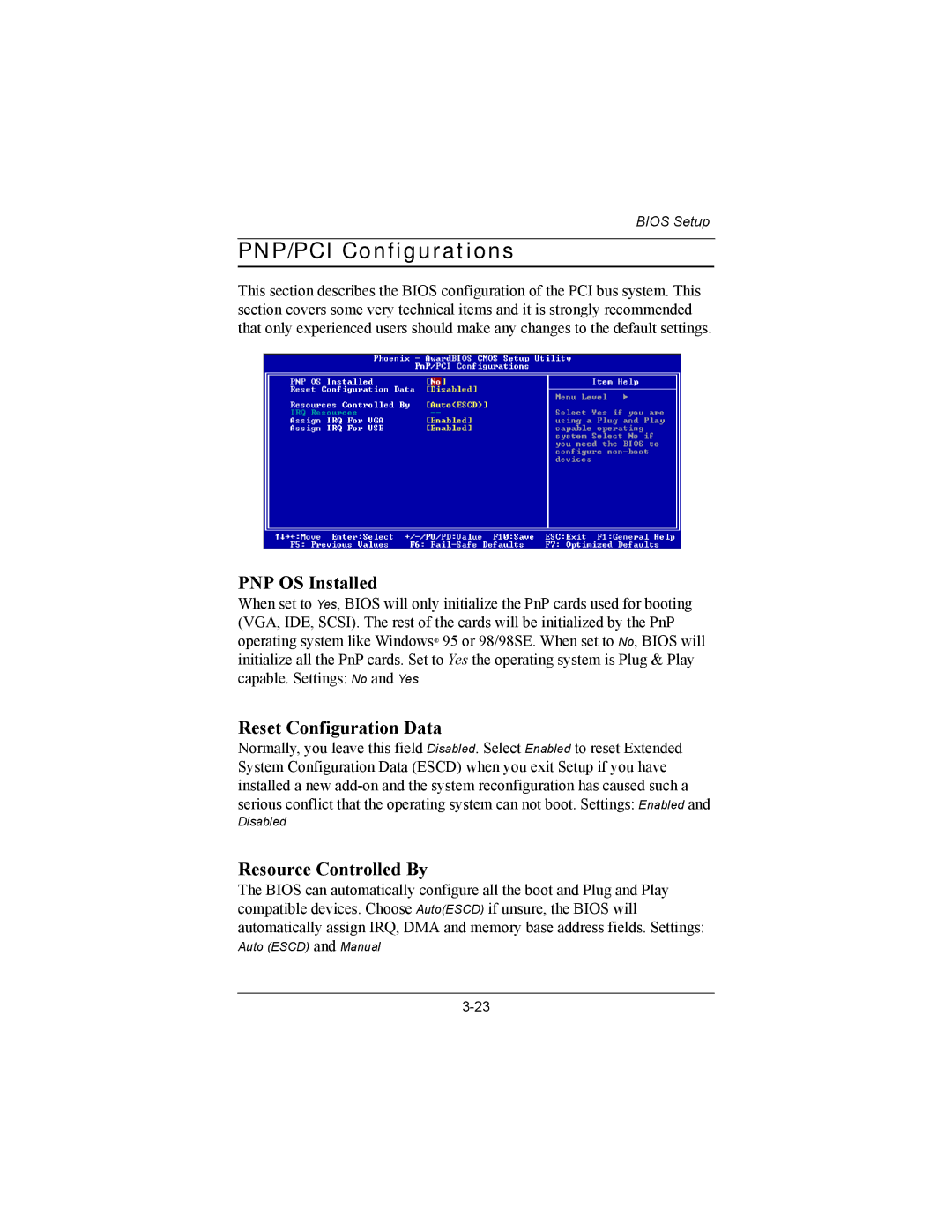 Philips EPIA-MII user manual PNP/PCI Configurations, PNP OS Installed, Reset Configuration Data, Resource Controlled By 