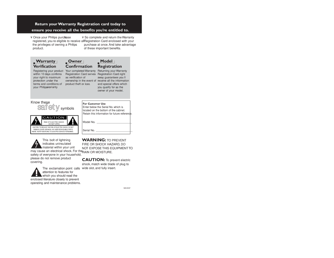 Philips EXP 103, EXP 101 manual Ssaaffeettyy symbols, Warranty Verification Owner Model Confirmation Registration 