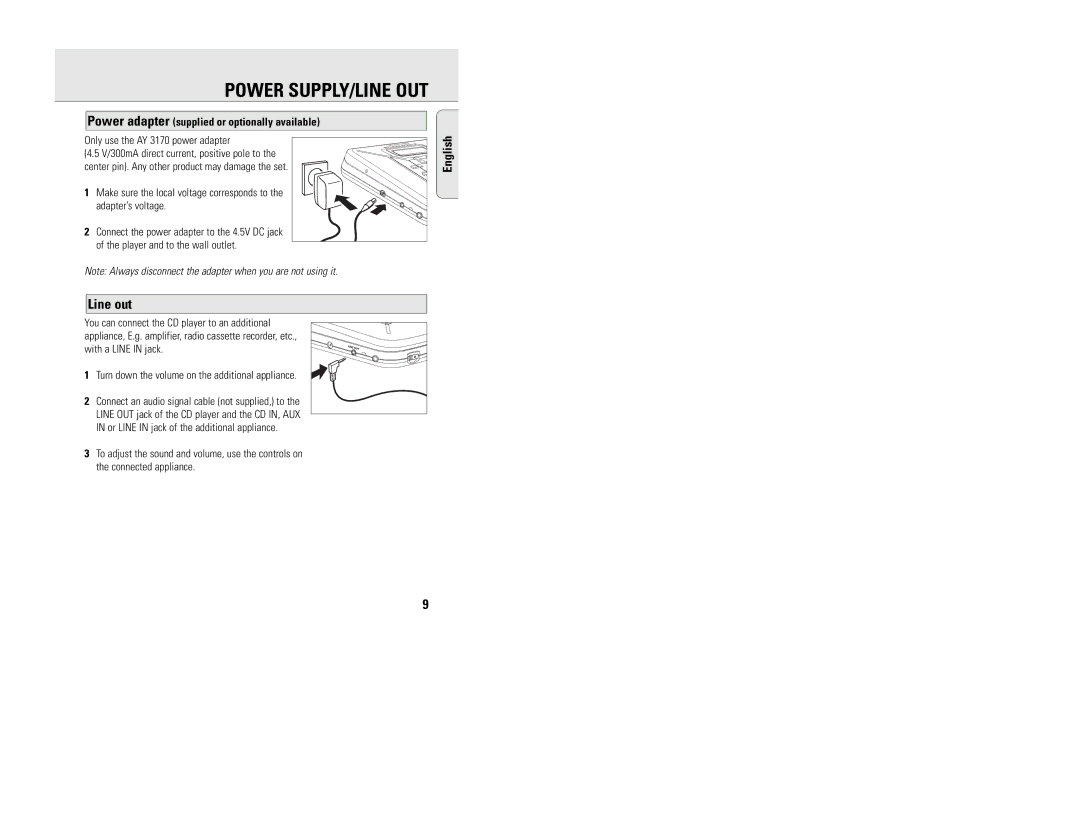 Philips EXP 101, EXP 103 manual Line out, Power adapter supplied or optionally available, Only use the AY 3170 power adapter 