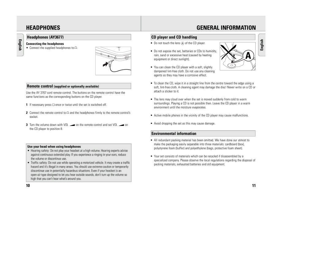 Philips EXP 101/16, EXP 103/16, EXP 103/01 manual Headphones AY3677, CD player and CD handling, Environmental information 