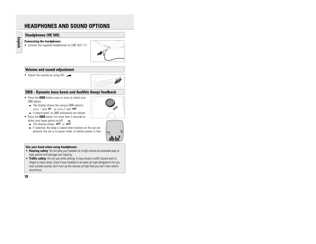 Philips EXP 200 manual Headphones and Sound Options, Headphones HE, Volume and sound adjustment 