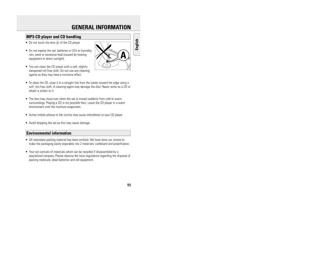 Philips EXP 200 manual MP3-CD player and CD handling, Environmental information, Do not touch the lens a of the CD player 