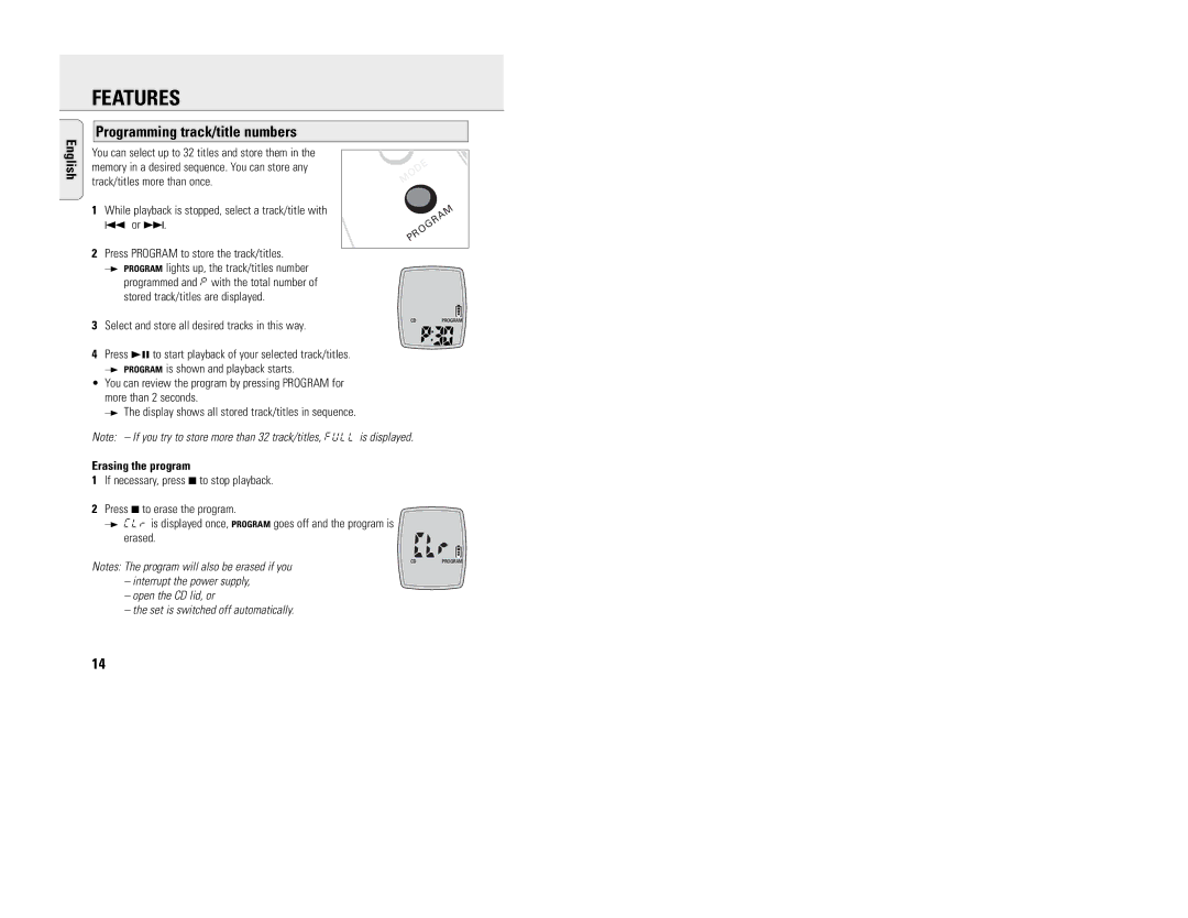 Philips EXP 200 Programming track/title numbers, You can select up to 32 titles and store them, Or ¢, Erasing the program 