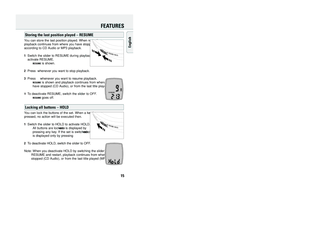 Philips EXP 200 manual Storing the last position played Resume, Locking all buttons Hold 