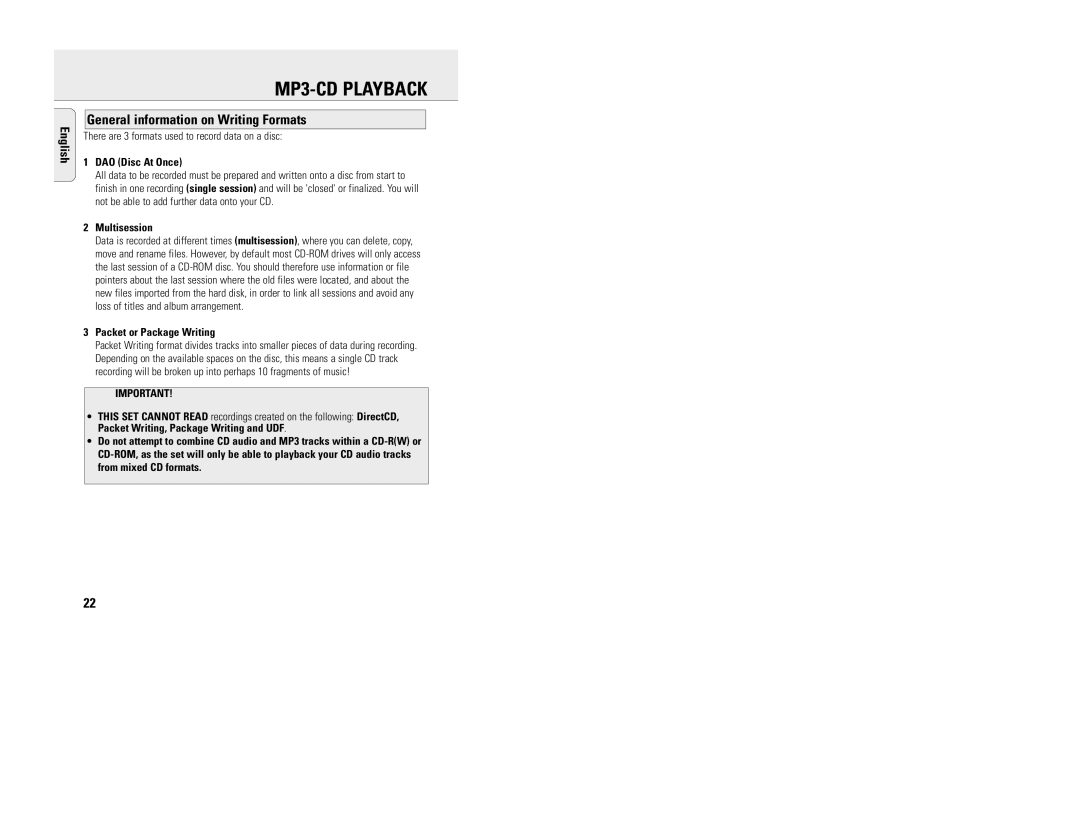 Philips EXP 200 General information on Writing Formats, There are 3 formats used to record data on a disc, Multisession 