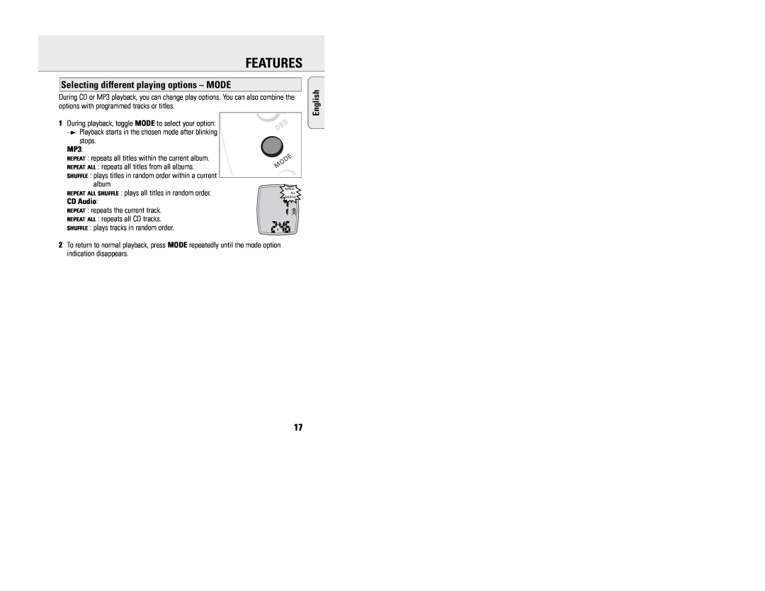 Philips EXP 200 manual Features, Selecting different playing options - MODE, English, Mode 