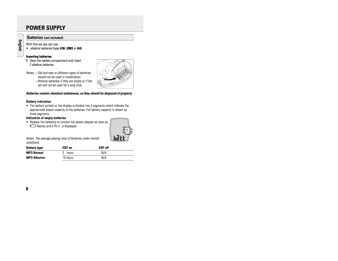 Philips EXP 200 manual Power Supply, English, Batteries not included, Inserting batteries, Battery indication, Battery type 