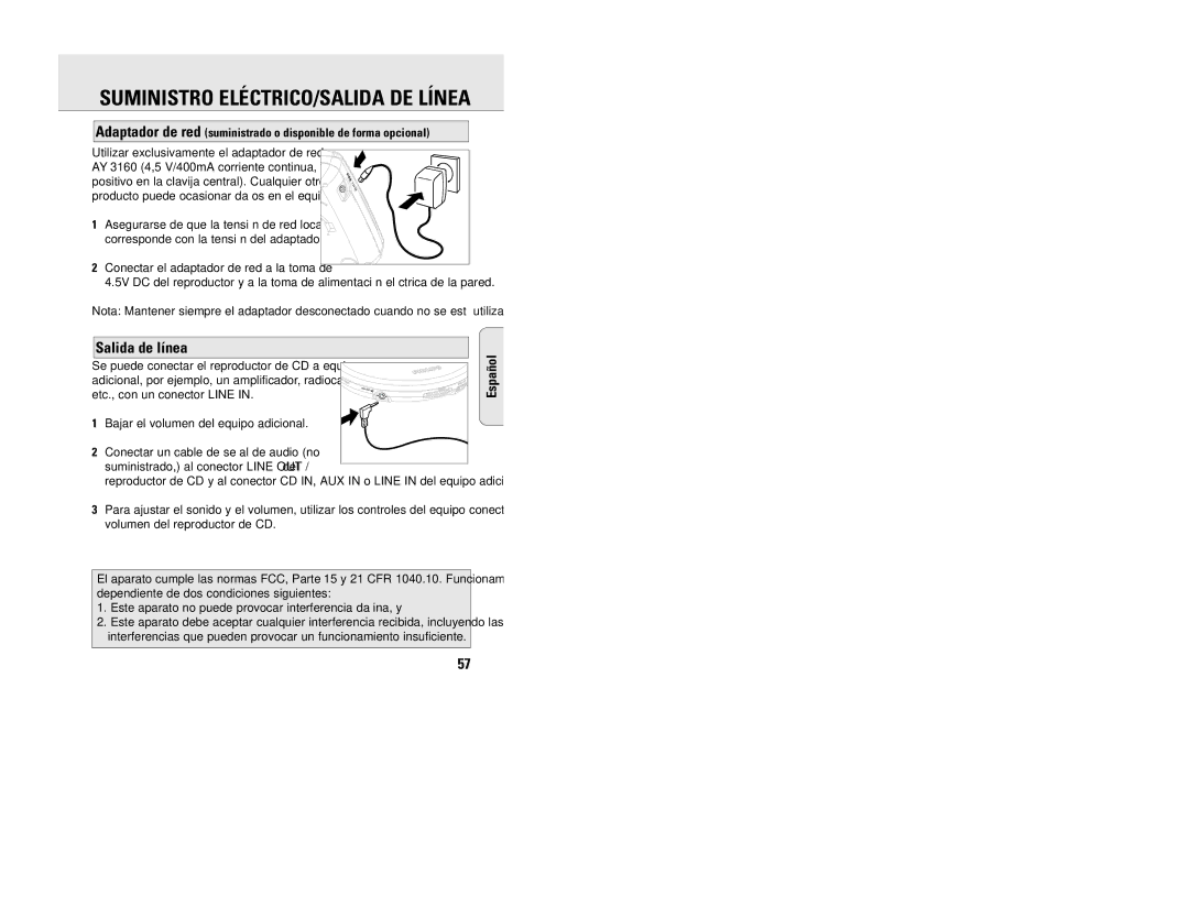 Philips EXP 201 manual Suministro ELÉCTRICO/SALIDA DE Línea, Salida de línea, Producto puede ocasionar daños en el equipo 