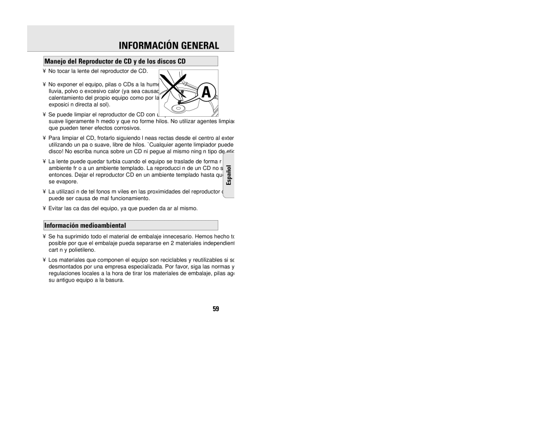 Philips EXP 201, EXP 203 Información General, Manejo del Reproductor de CD y de los discos CD, Información medioambiental 