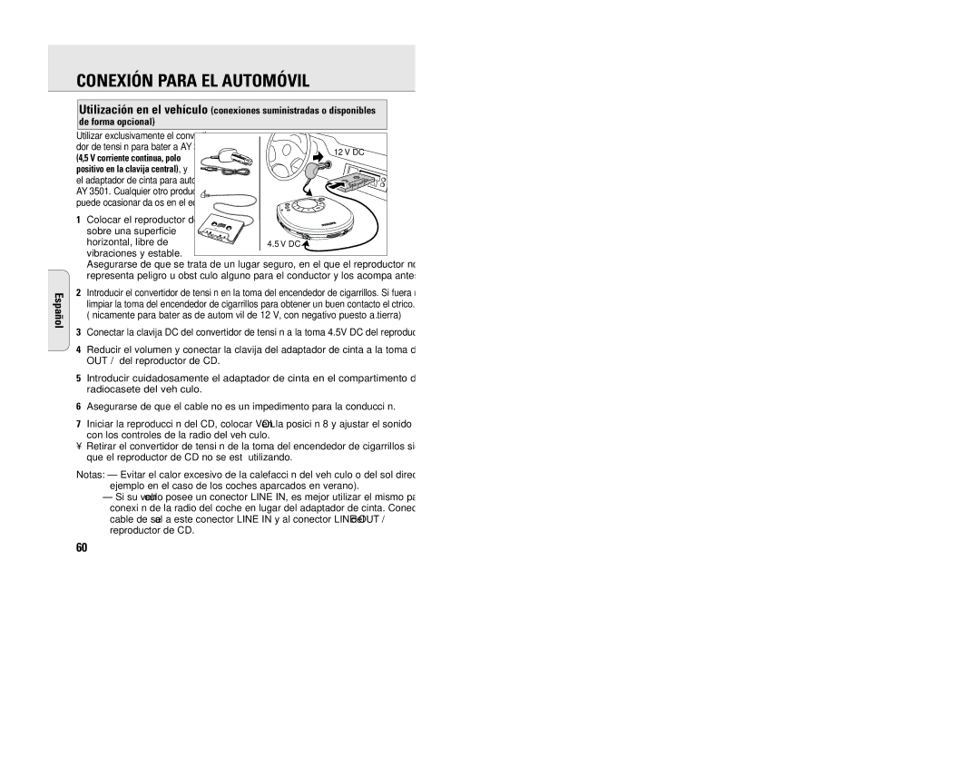 Philips EXP 203, EXP 201 manual Conexión Para EL Automóvil, Positivo en la clavija central, y 