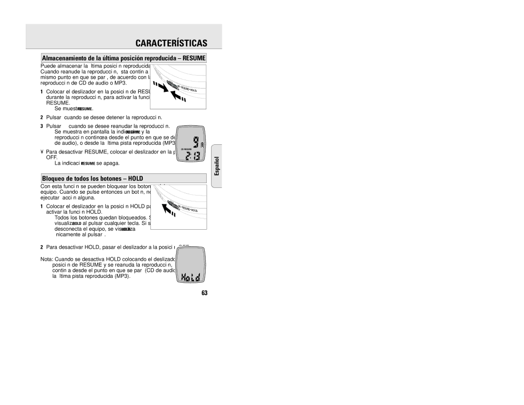 Philips EXP 201 Bloqueo de todos los botones Hold, Se muestra Resume, Pulsar 7 cuando se desee detener la reproducción 