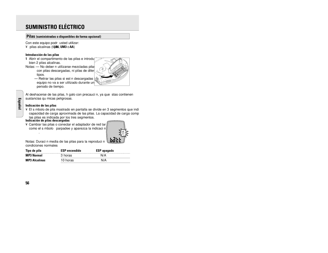 Philips EXP 203 manual Suministro Eléctrico, Pilas suministradas o disponibles de forma opcional, Introducción de las pilas 