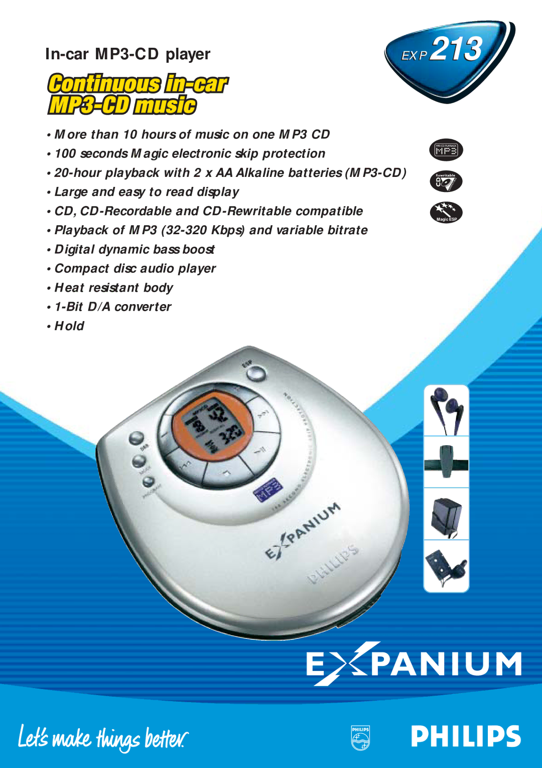 Philips EXP 213 manual In-car MP3-CD player 