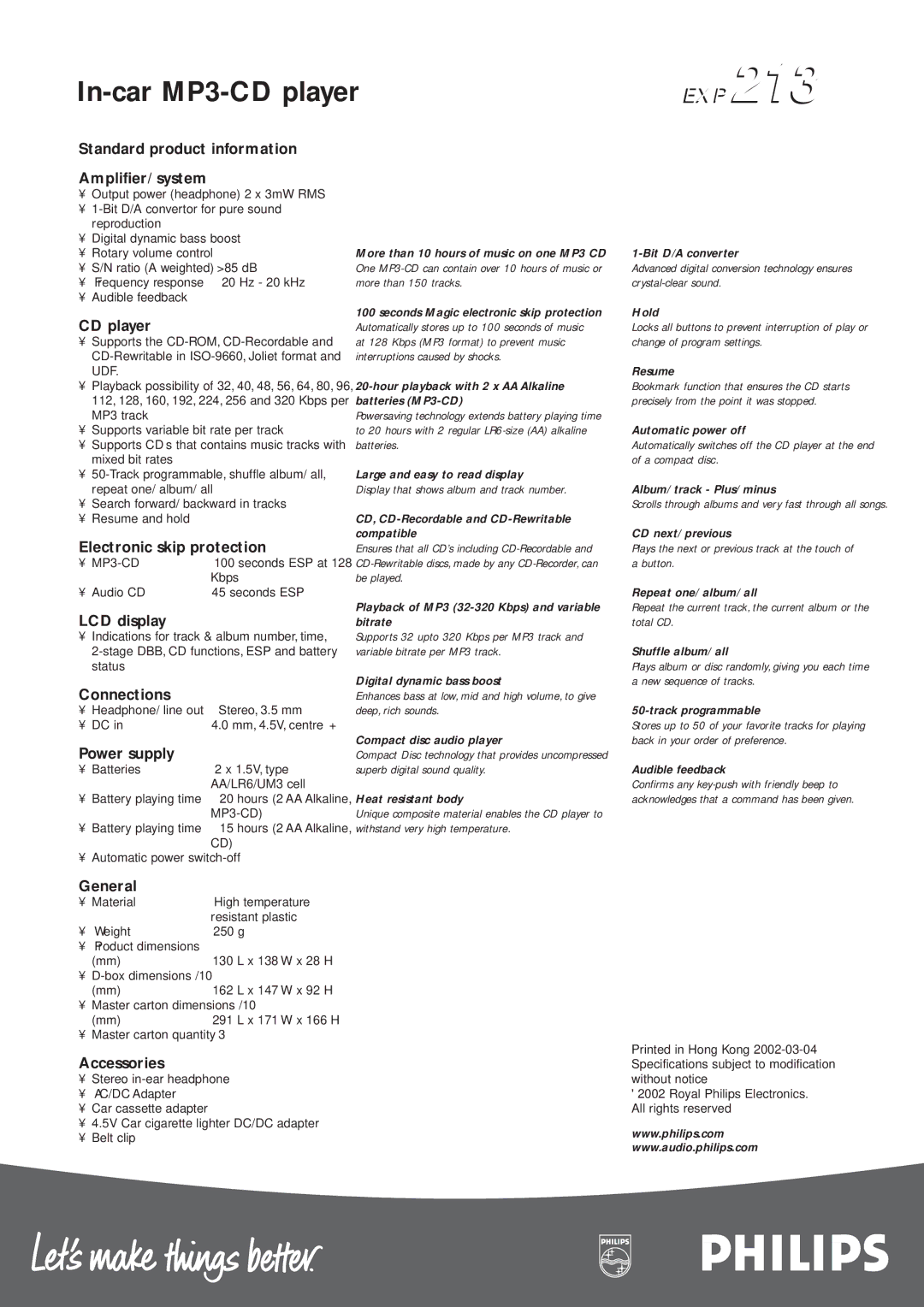 Philips EXP 213 manual Standard product information Amplifier/ system, CD player, Electronic skip protection, LCD display 