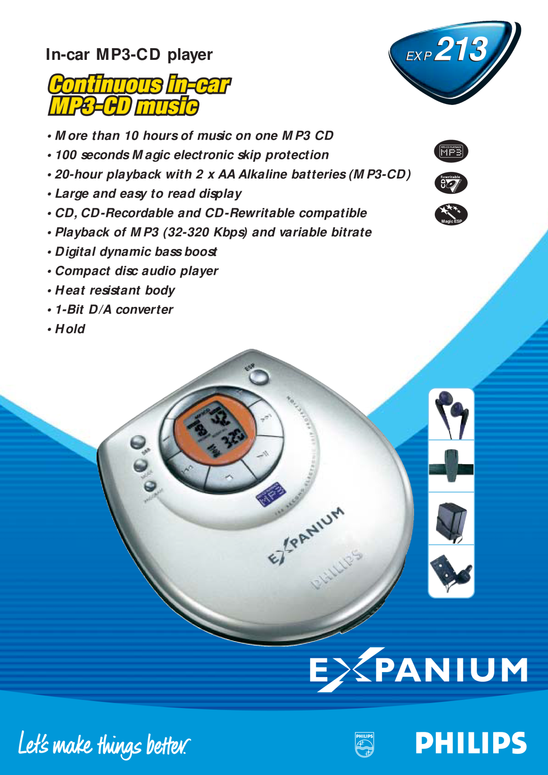 Philips EXP 213 manual In-car MP3-CD player, More than 10 hours of music on one MP3 CD, Large and easy to read display 