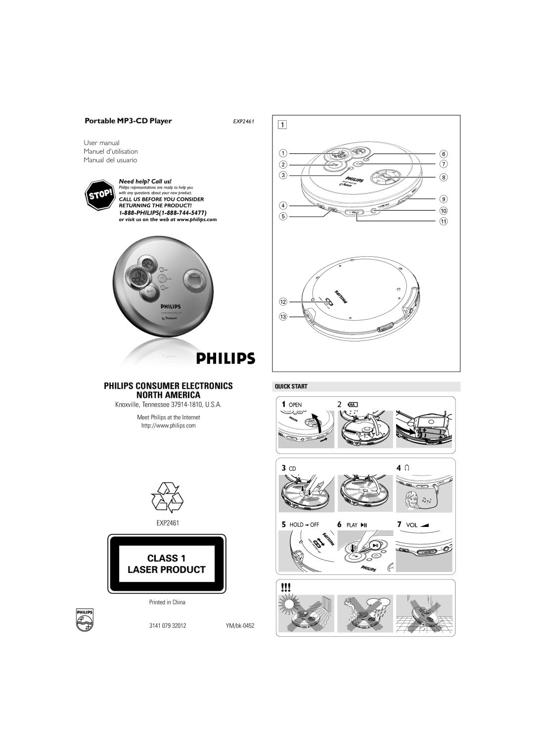 Philips EXP-2461 user manual Manuel dutilisation Manual del usuario, Knoxville, Tennessee 37914-1810, U.S.A, EXP2461 