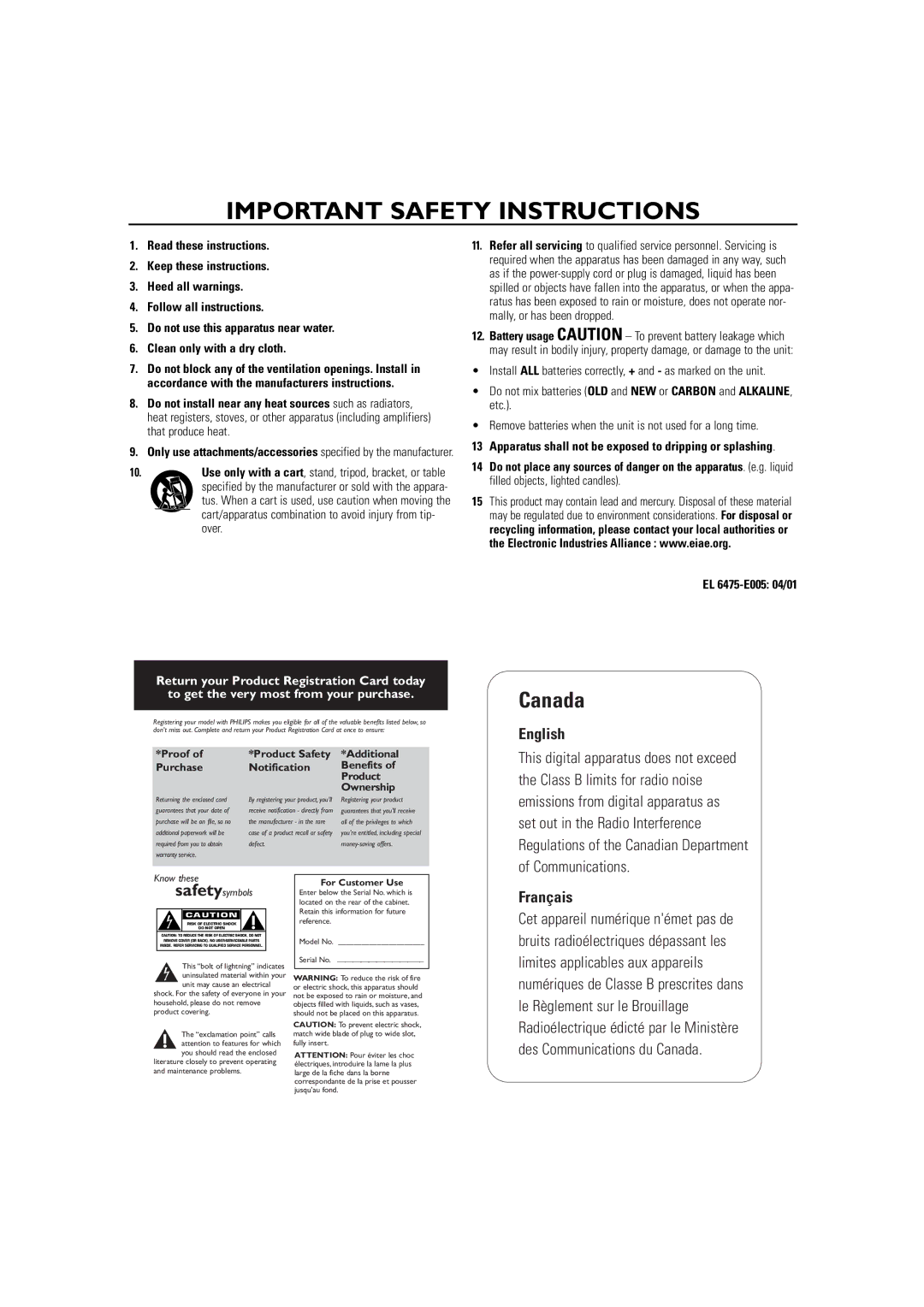 Philips EXP-2461 user manual Important Safety Instructions, Use only with a cart, stand, tripod, bracket, or table 