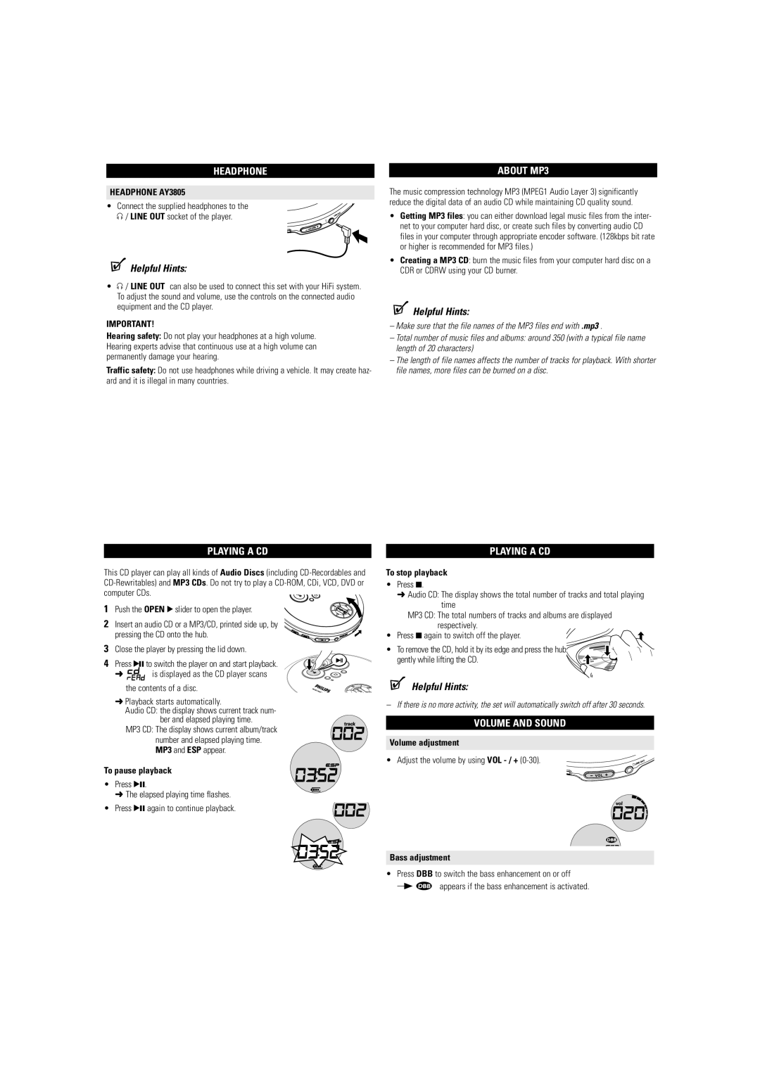 Philips EXP-2461 user manual Headphone, About MP3, Playing a CD, Volume and Sound 