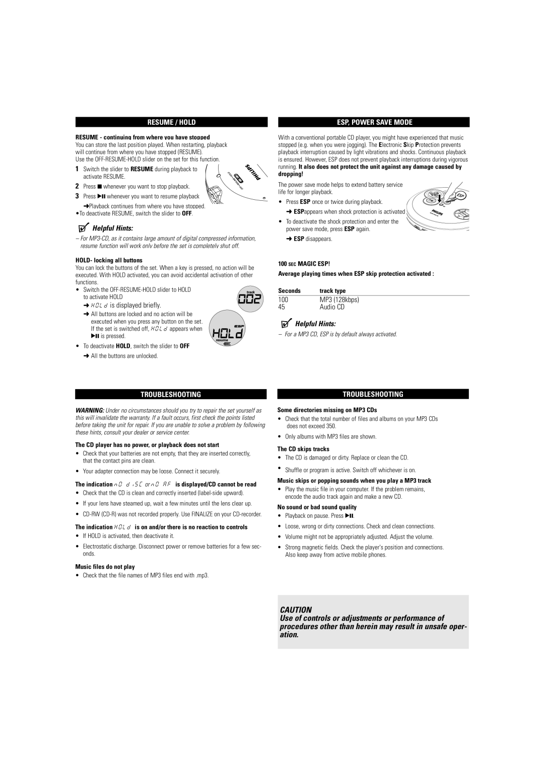 Philips EXP-2461 Resume / Hold, HOLd is displayed briefly, Troubleshooting, ESP, Power Save Mode, 100 MP3 128kbps Audio CD 