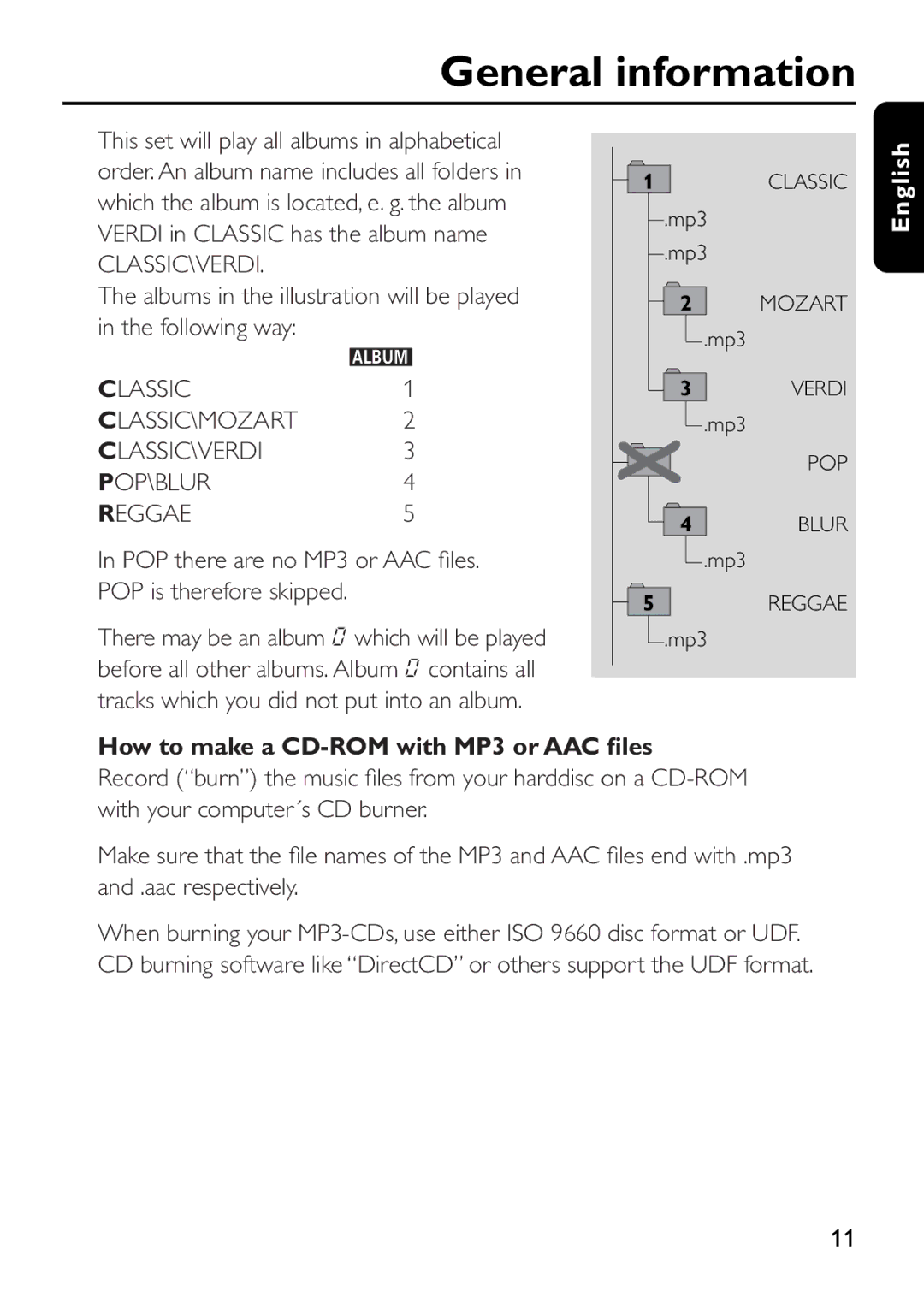 Philips EXP 301/11 POP there are no MP3 or AAC ﬁles. POP is therefore skipped, How to make a CD-ROM with MP3 or AAC ﬁles 