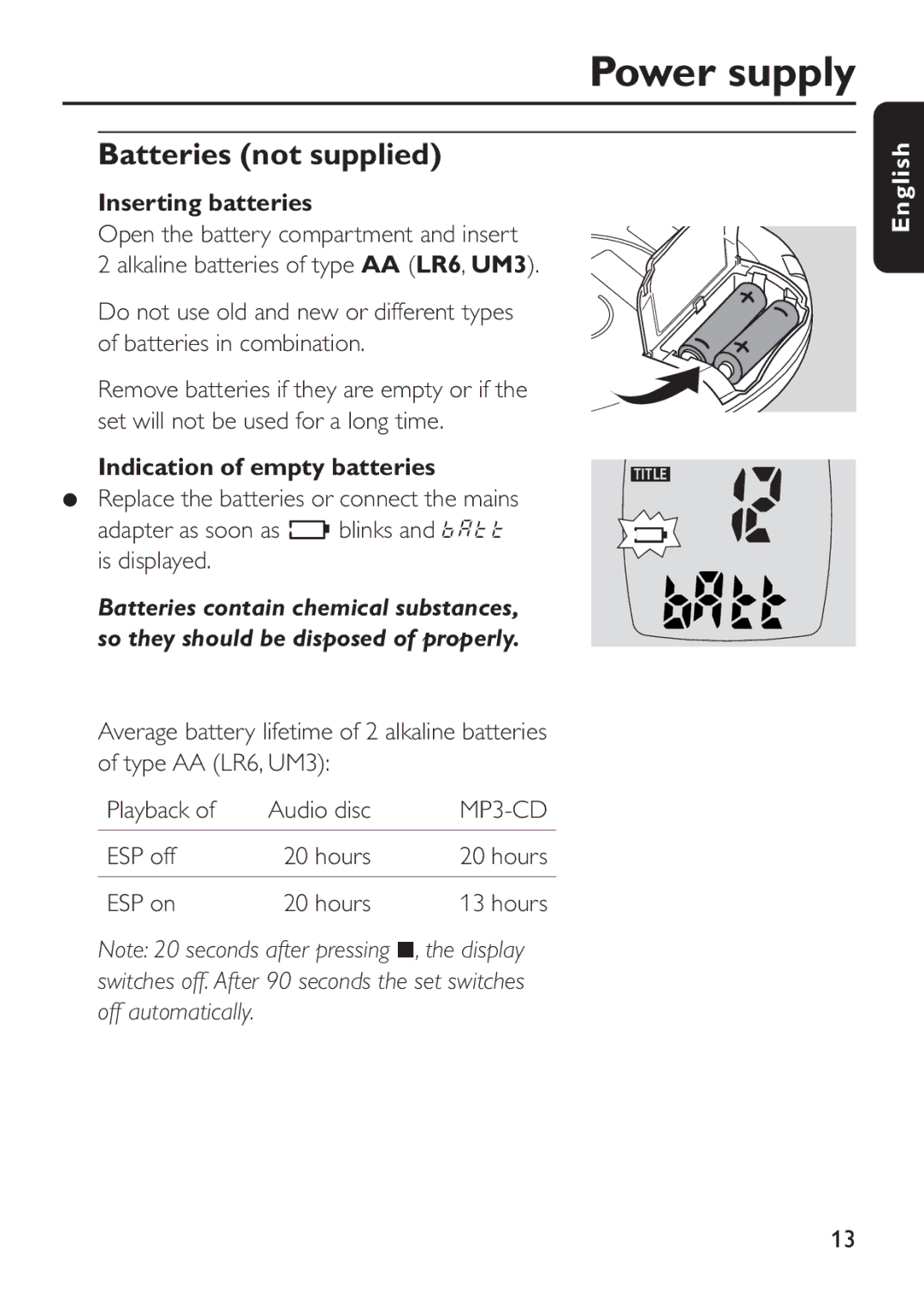 Philips EXP 301/11 manual Power supply, Batteries not supplied, Inserting batteries, Indication of empty batteriesTITLE 