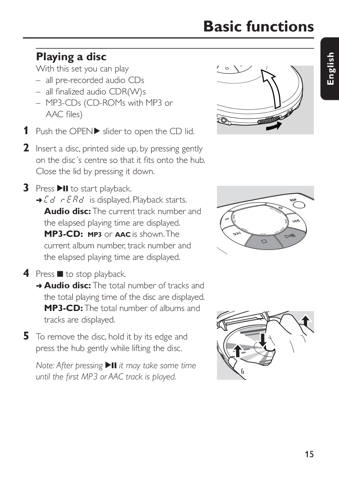 Philips EXP 301/11 manual Basic functions, Playing a disc, Press 2 to start playback, Press 9 to stop playback 